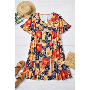 NY Collection Floral Patchwork Knit Swing Dress 2X Short Sleeve Multi Color NWT